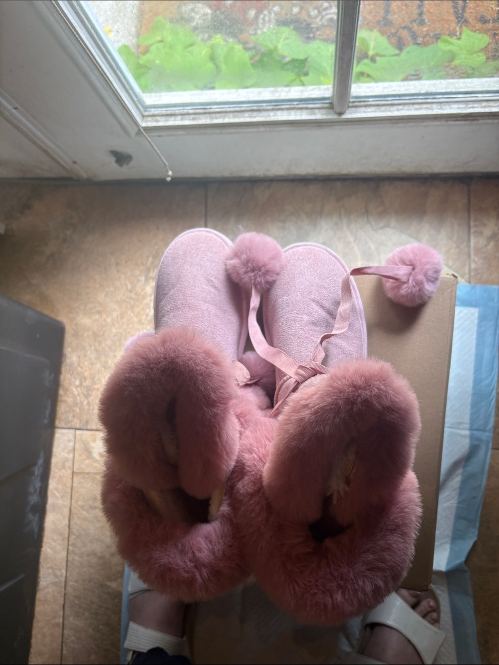 Pink Fuzzy Slide Slippers with Ribbed Soles